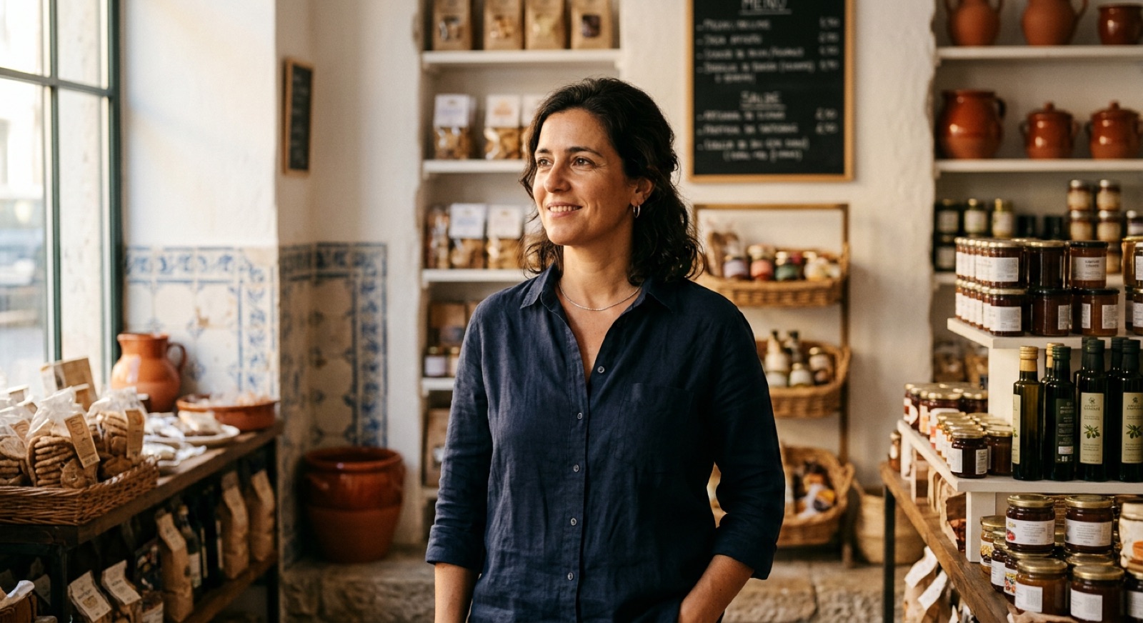 Dona de uma mercearia artesanal portuguesa na sua loja